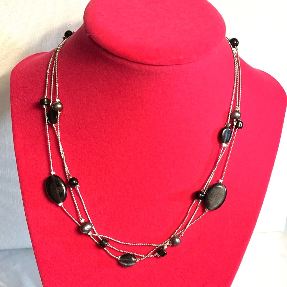 Silvertone Vintage Necklace Grey Cat Eye Stations Multistrand 15 5/8" L + Extend